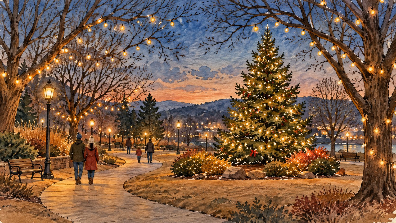 Watercolor illustration of visitors on a park path at dusk, with glowing string lights, lanterns and a decorated evergreen tree.