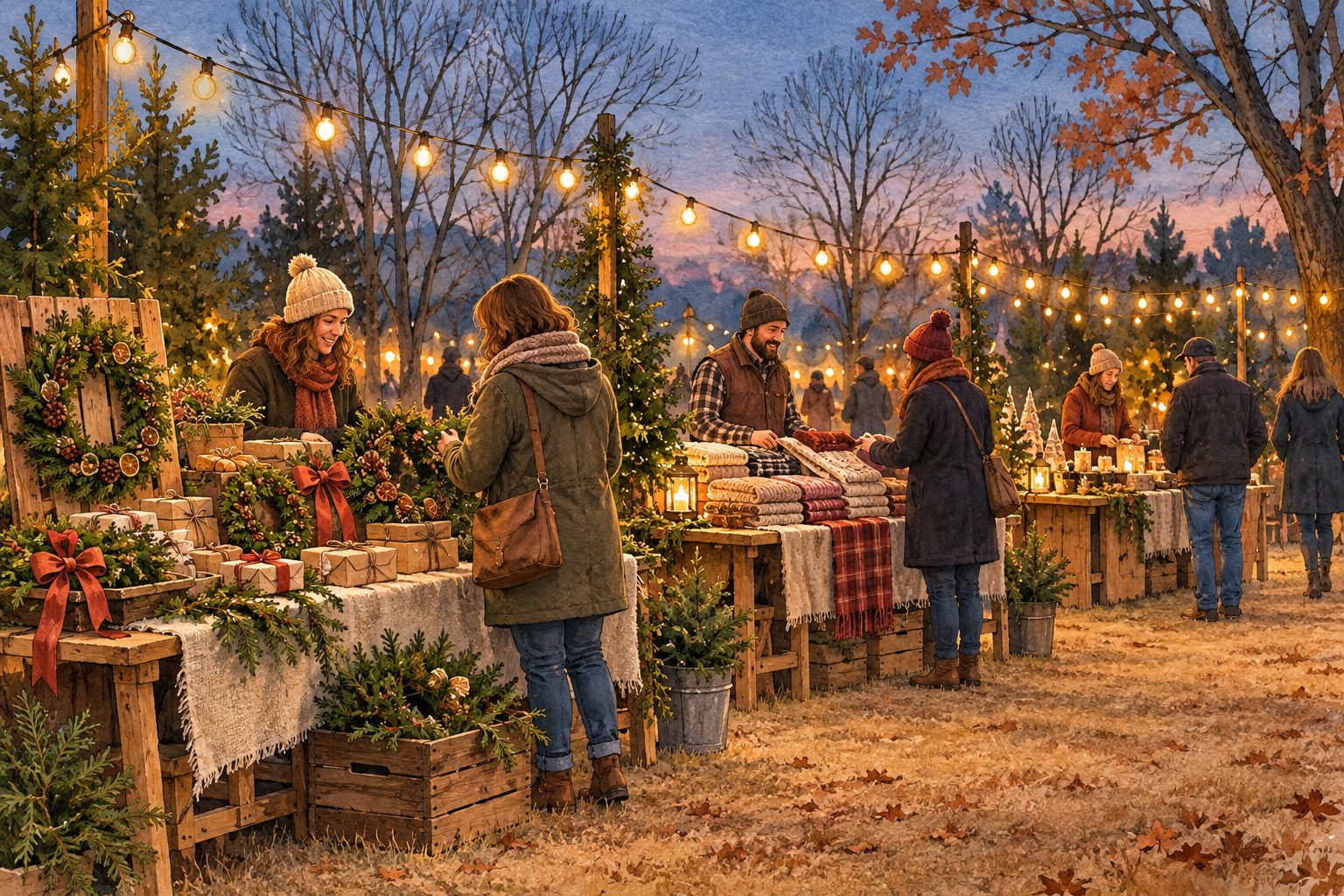 Watercolor illustration of shoppers browsing craft tables with wreaths, folded textiles and wrapped gifts beneath warm string lights.