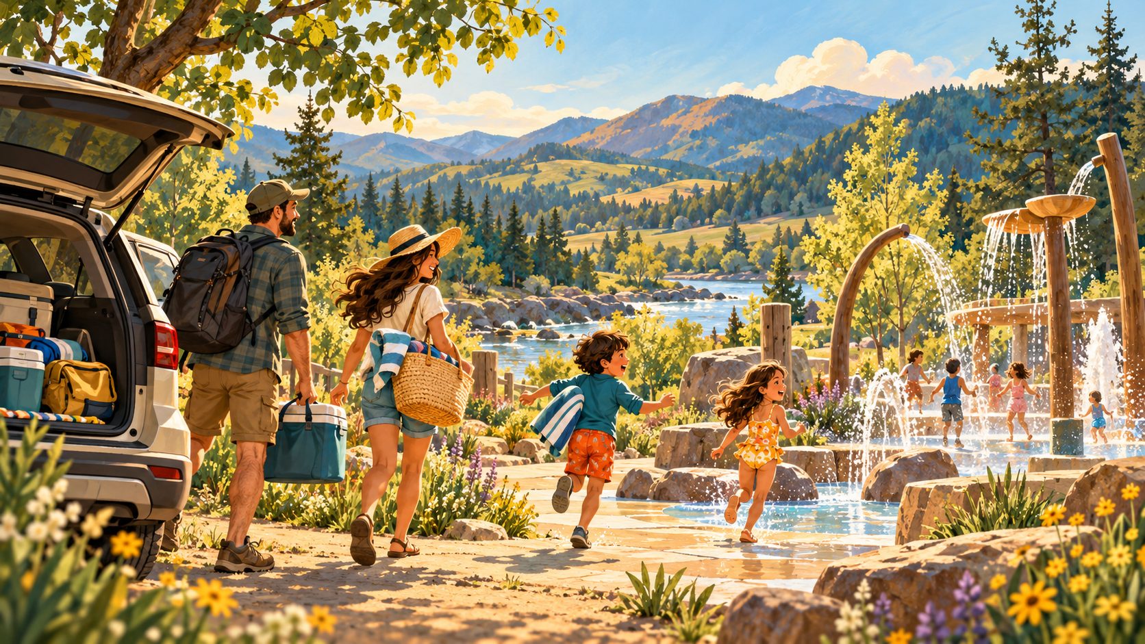 Illustrated family arriving for a summer day trip with water play and River Valley scenery.