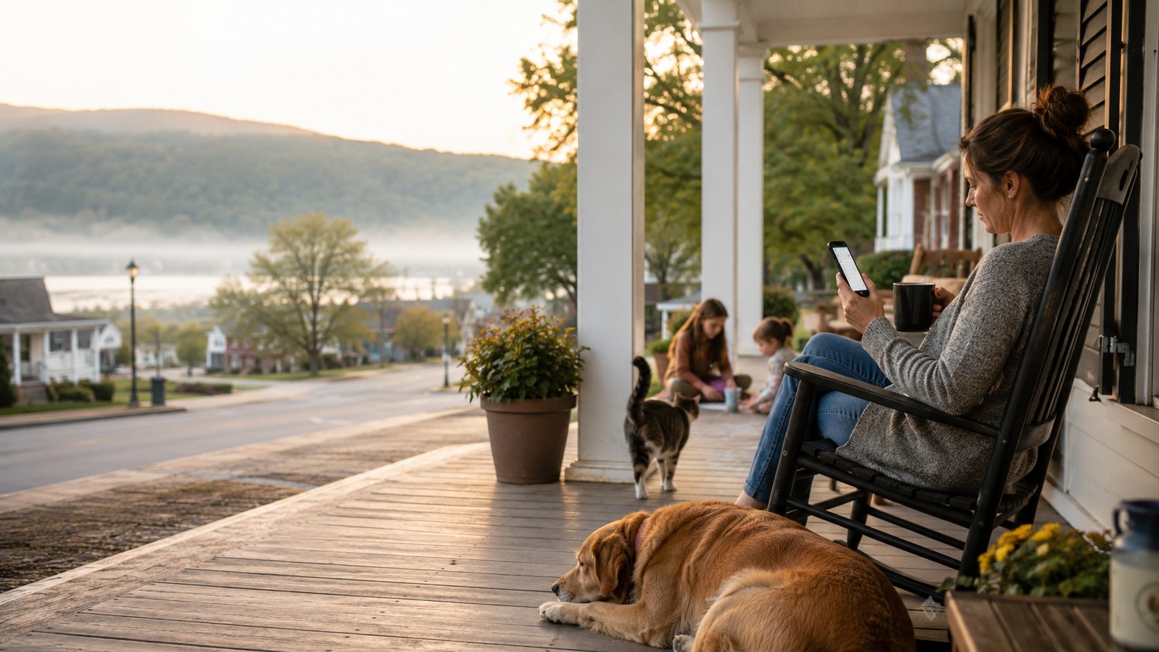 Woman with coffee checking her phone on a porch while children play nearby